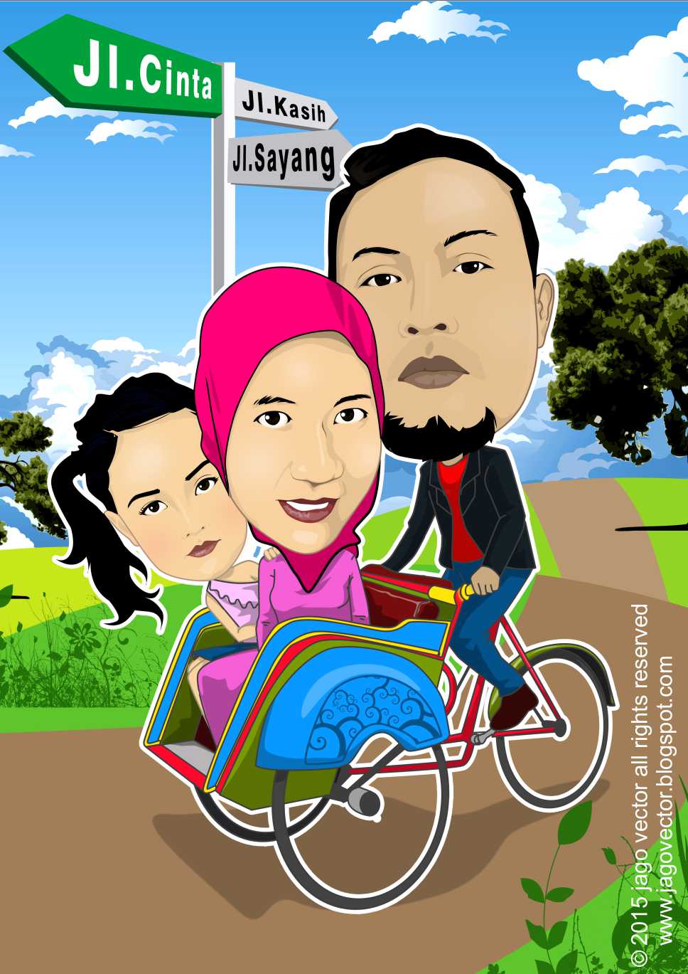 Orederan karikatur family becak - jago vector indonesia