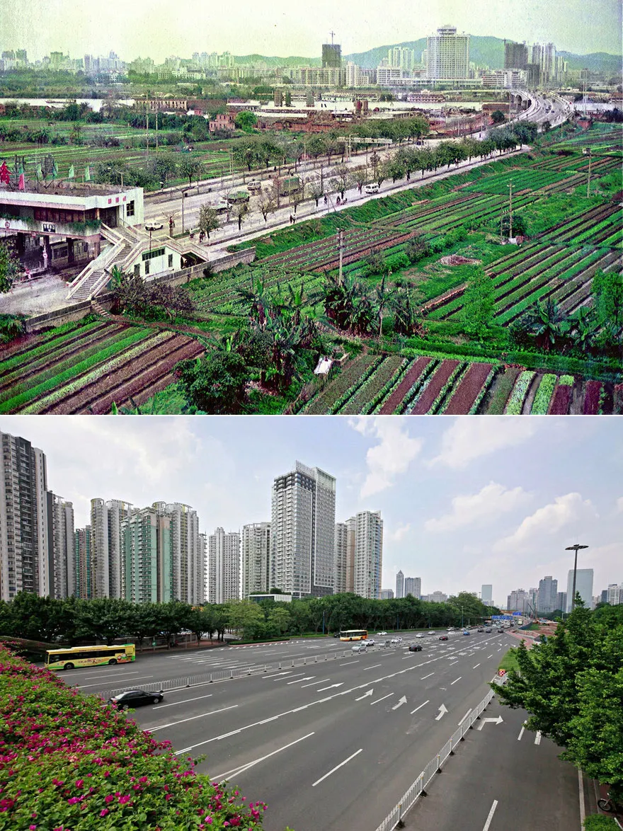 Guangzhou South Avenue, looking towards the river, in 1991 and 2015.