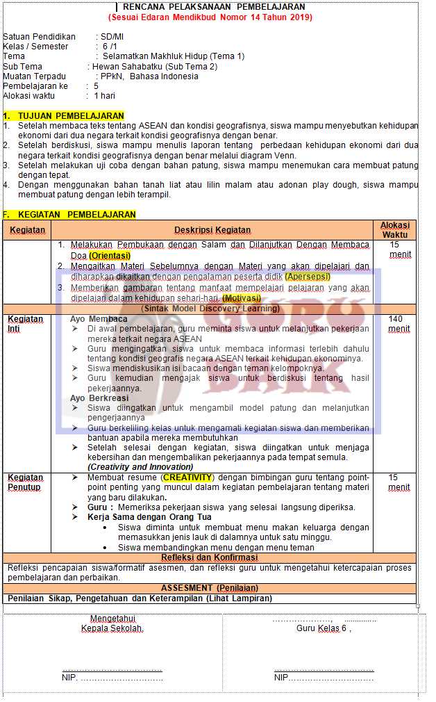 Rpp 1 Lembar Kelas 6 Sd Tema 1 Semester 1 Tahun 20212022 Sinau Thewe