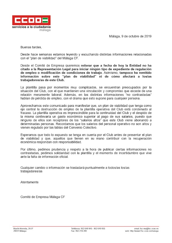 El Comité de Empresa del Málaga CF manda un comunicado