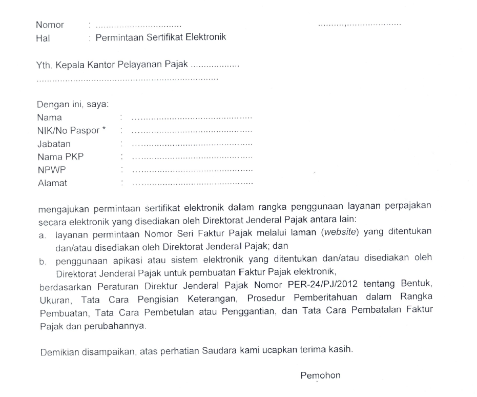 Contoh Surat Permohonan Perpanjangan Sertifikat Elektronik E Faktur