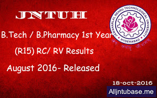JNTUH B.Tech / B.Pharmacy 1st Year (R15) RC/ RV Results, August 2016- Released 