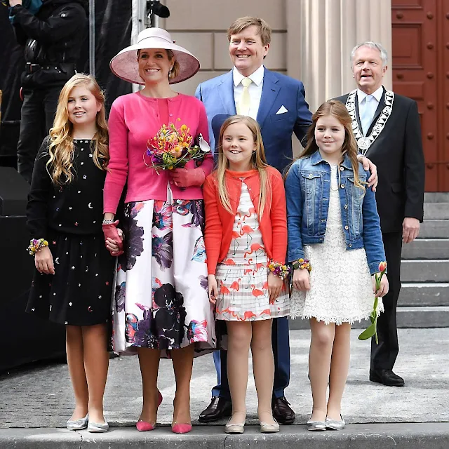 King Willem-Alexander, Queen Maxima, Princess Amalia, Princess Alexia and Princess Ariane, Princess Laurentien attend the 2016 Kings Day celebration in Zwolle. Pili Carrera Dress, Zara Lace Dress