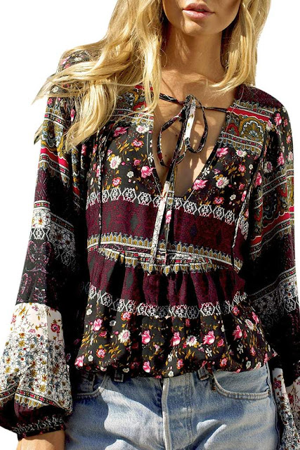 Iyasson Women Bohemian Print Loose Casual Blouses 