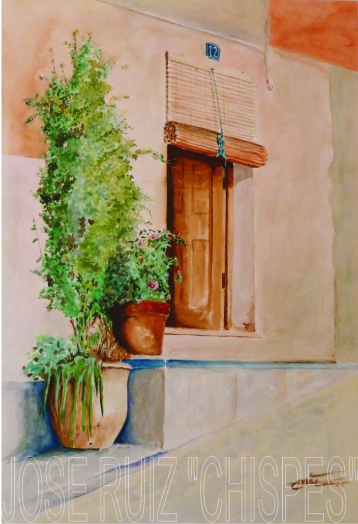 PEPE CHISPES: FACHADA CON MACETAS-acuarela