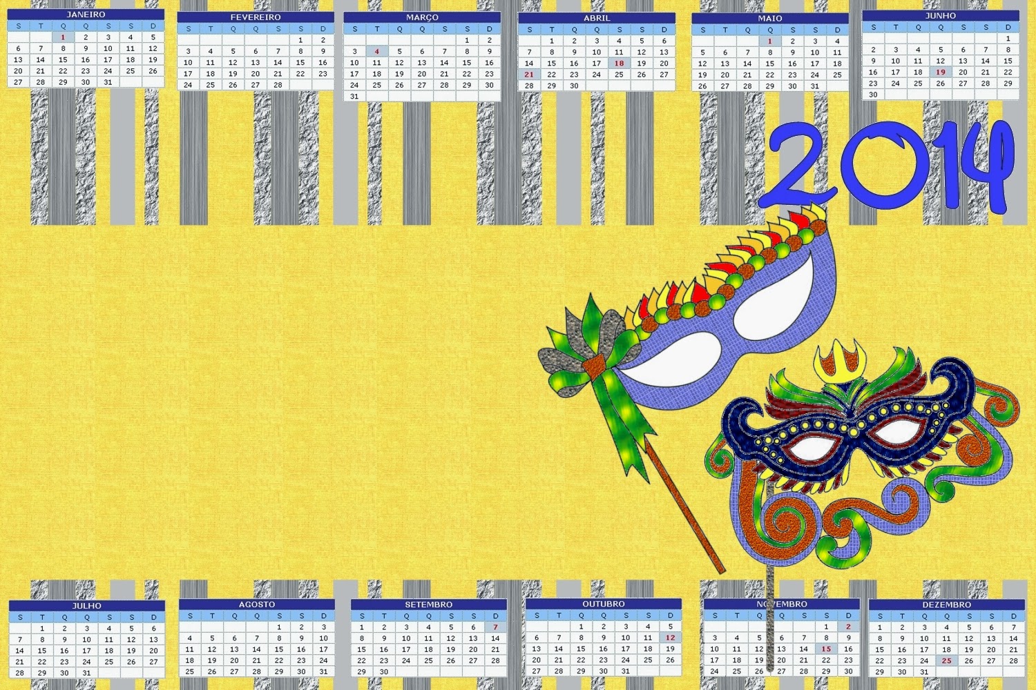 Máscaras de Carnaval: Imágenes y Tarjetería para Imprimir Gratis. Calendario 2014.