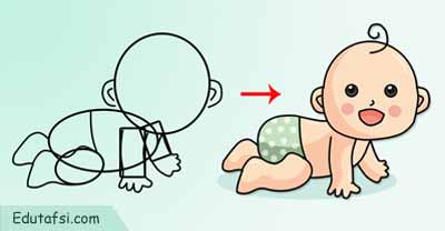 Menggambar kartun bayi merangkak step by step