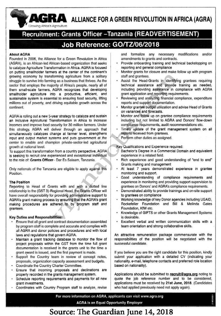 Grants Officer Job Opportunity at AGRA Tanzania Deadline 21th June