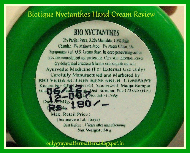 Biotique Bio Nyctanthes Hand Cream Ingredients