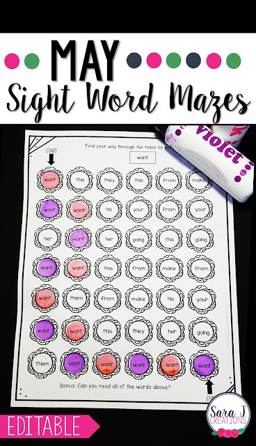 May sight word mazes make the perfect printable practice activities for reviewing sight words in May. Flower theme but editable to practice the words you want.