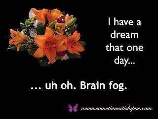 Image: Orange flowers.  Text: I have a dream that one day ... uh oh. Brain fog.