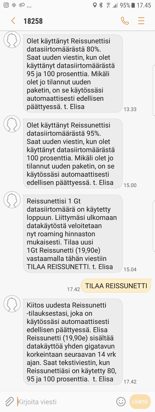 Reissunetin tekstiviestit, kun käyttömäärä on täyttymässä Reissunetti pitää tilanteen tasalla