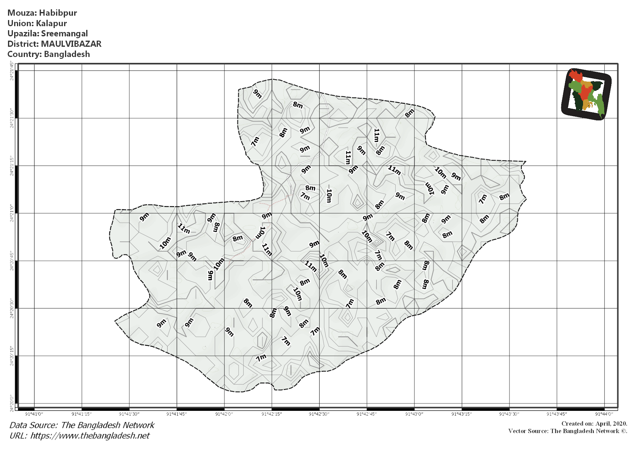 Map of Habibpur Mouza of Sreemangal Upazila, MOULVIBAZAR, Bangladesh.
