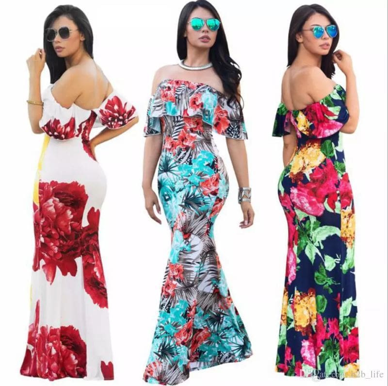 Ruffles Off Shoulder Floral Dress Summer Party Bodycon Dress Short Sleeve Ruffles Boho Dress Casual Dresses 8 Colors 