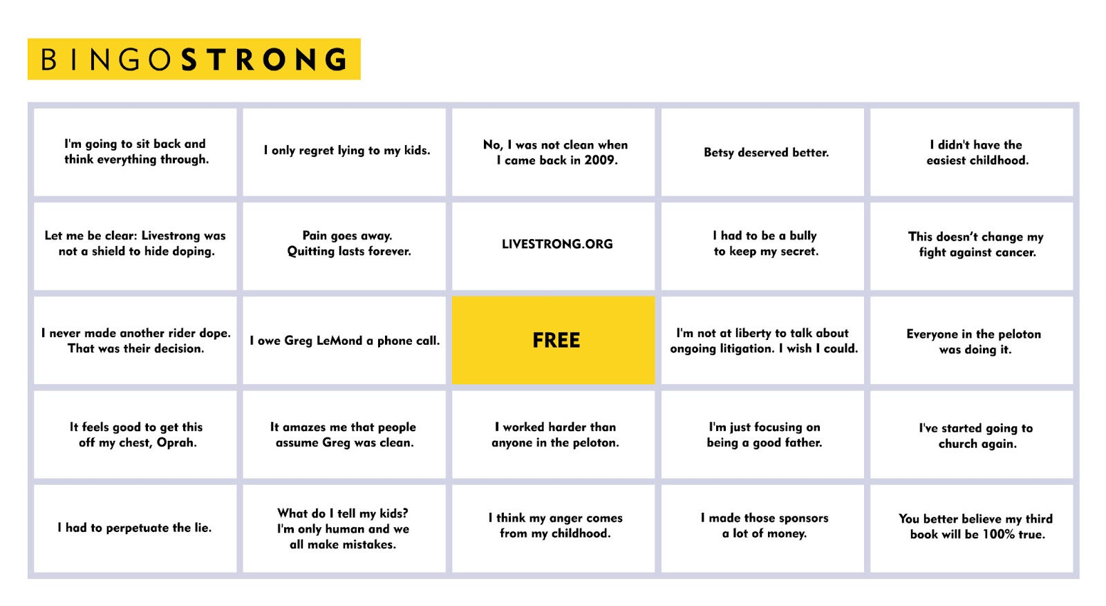 If Its Hip Here Archives Games To Play While Lance Armstrong Lies Er Talks Oprah BingoSTRONG Bingo A Doping Game And Drinking If Its Hip Here Archives Games To Play While Lance Armstrong Lies Er Talks Oprah BingoSTRONG Bingo A Doping Game And Drinking