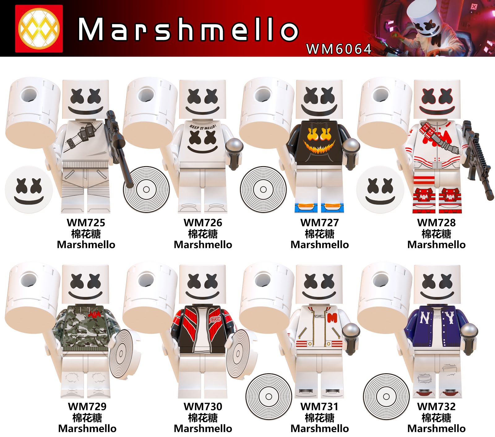 Dj marshmello Man fortnite Piel Christopher Comstock minifigura LEGO personalizado Muñeca