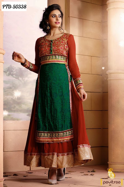 Purchase Wedding and New Year Rakul Preet Singh copper Indian designer anarkali salwar suit 2015 2016 online with exciting discount deal and sale at pavitraa.in