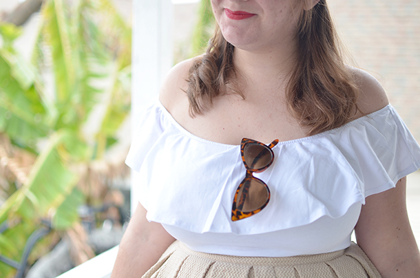Unique Vintage off shoulder white top paired with neutrals from Ruche and Modcloth