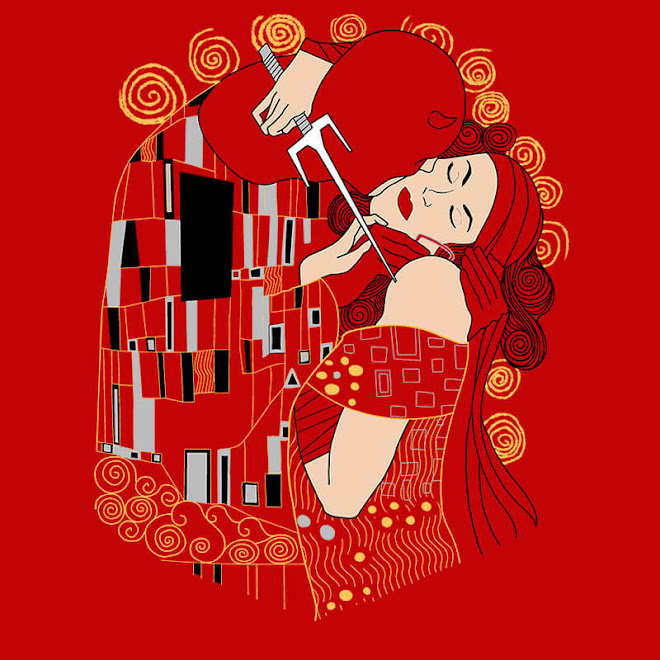 Today's T : 今日の美術の巨匠グスタフ・クリムト作のデアデビルとエレクトラの「接吻」 Tシャツ