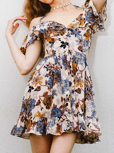 Halter Cutout Flounce Ruffled Hem Floral Printed Mini Skater Dress  Summer Sale Price: US$22.95 