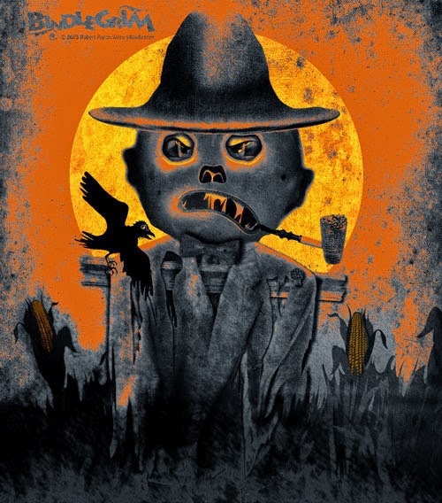 Vintage-style Halloween art for autumn decorations with creepy angry scarecrow in field under full moon in orange, black, yellow.