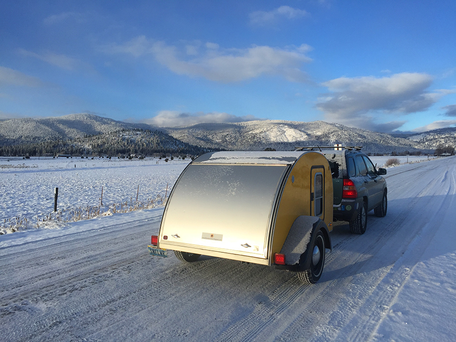 Tiny Yellow Teardrop Towing a teardrop trailer in the snow