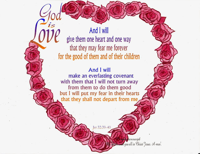heart of roses with God is love written on the side with scripture verse in the center