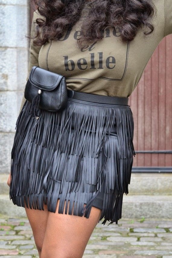 Khaki, leather, fringe skirt, fringe trend