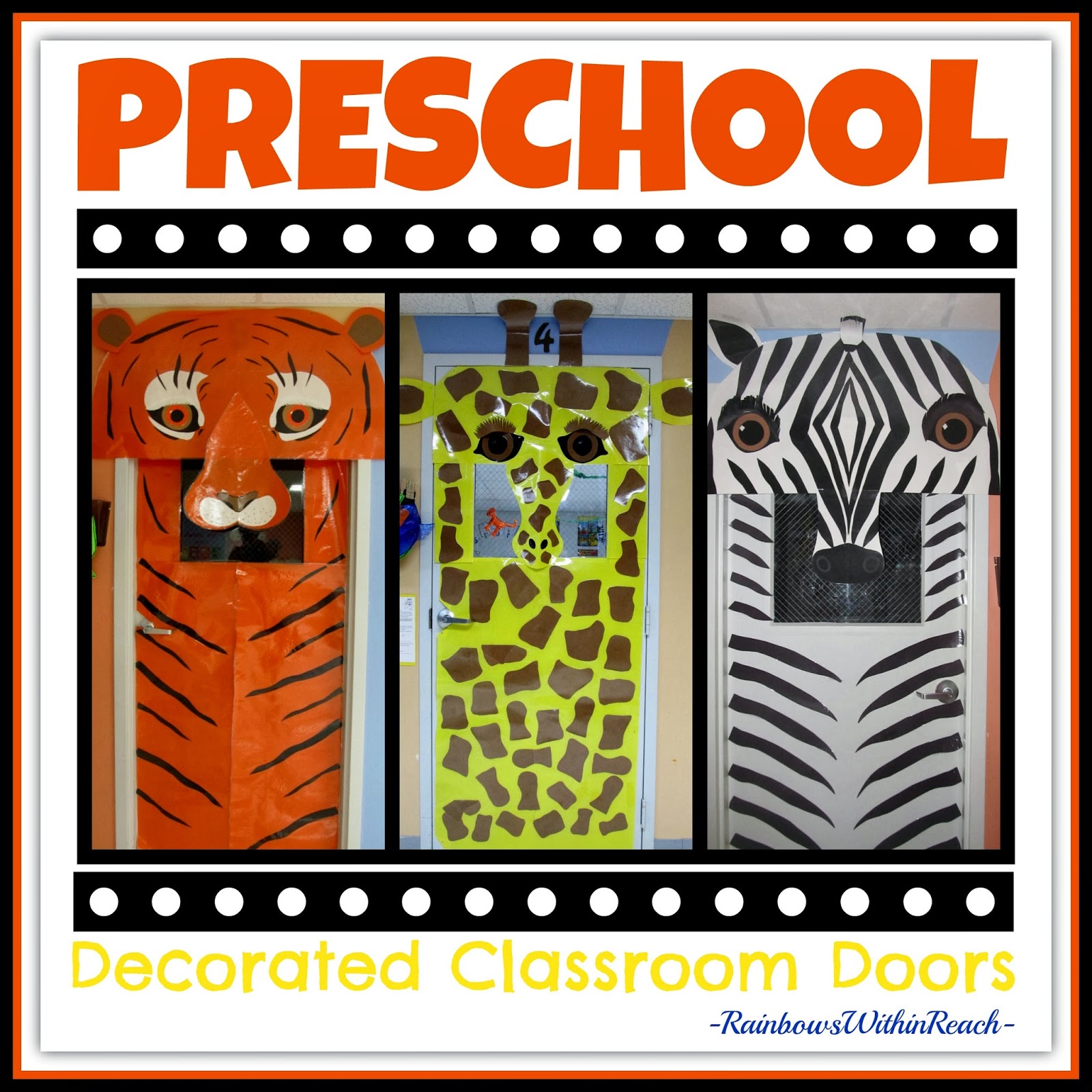 Decorated Classroom Doors using Jungle Animals in Preschool via RainbowsWithinReach