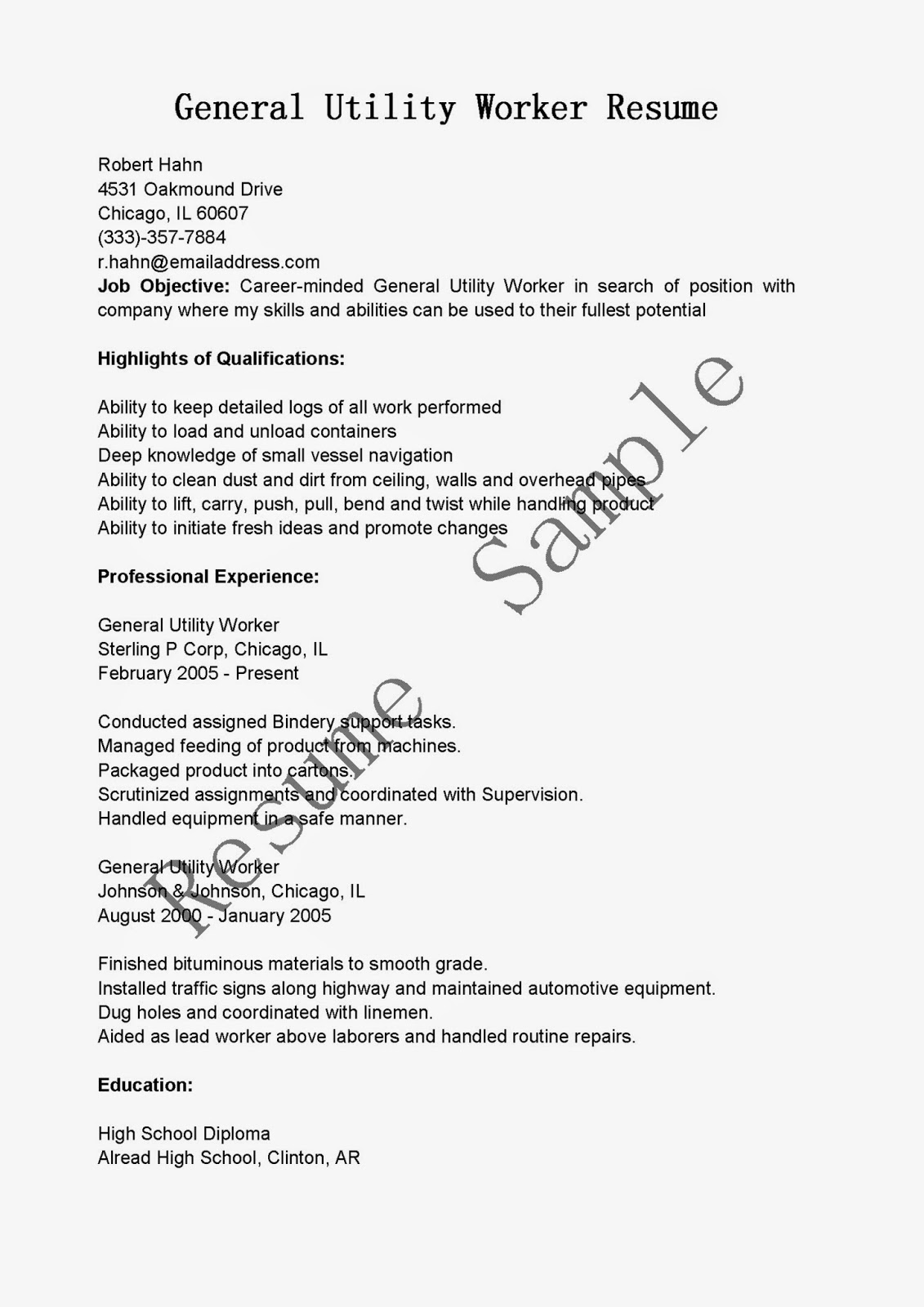 Resume Samples General Utility Worker Resume Sample