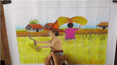 Menggambar pemandangan desa saat petani memanen padi di ladang Tutorial menggambar pemandangan desa saat petani memanen padi di ladang