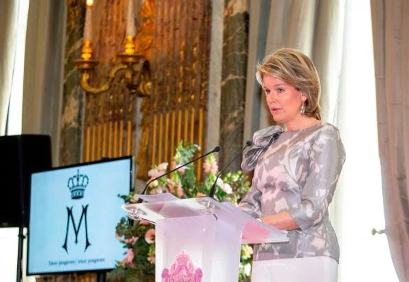 Queen Mathilde wore NATAN top from Natan Couture 2019 collection with graphics. Managed by the King Baudouin Foundation