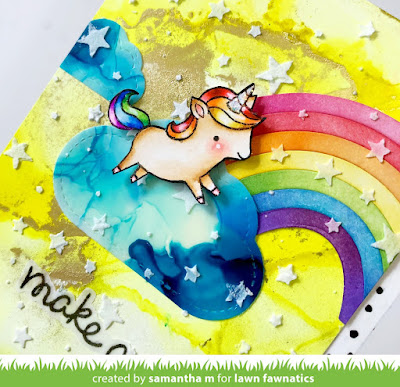 Make a Wish Unicorn Card by Samantha Mann for Lawn Fawnatics Challenge Blog, birthday card, alcohol inks, rainbow, handmade cards #lawnfawn #alcoholinks #birthday