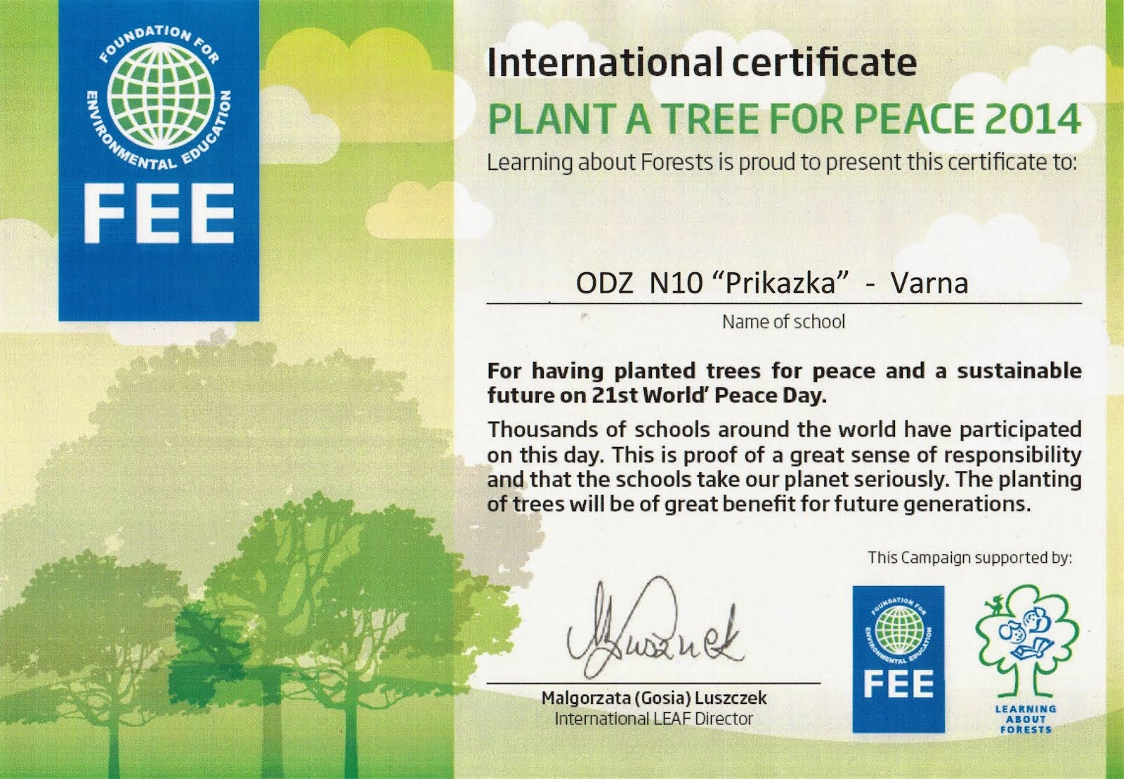 Сертификат за участие в кампанията "Засади дърво за мир"
