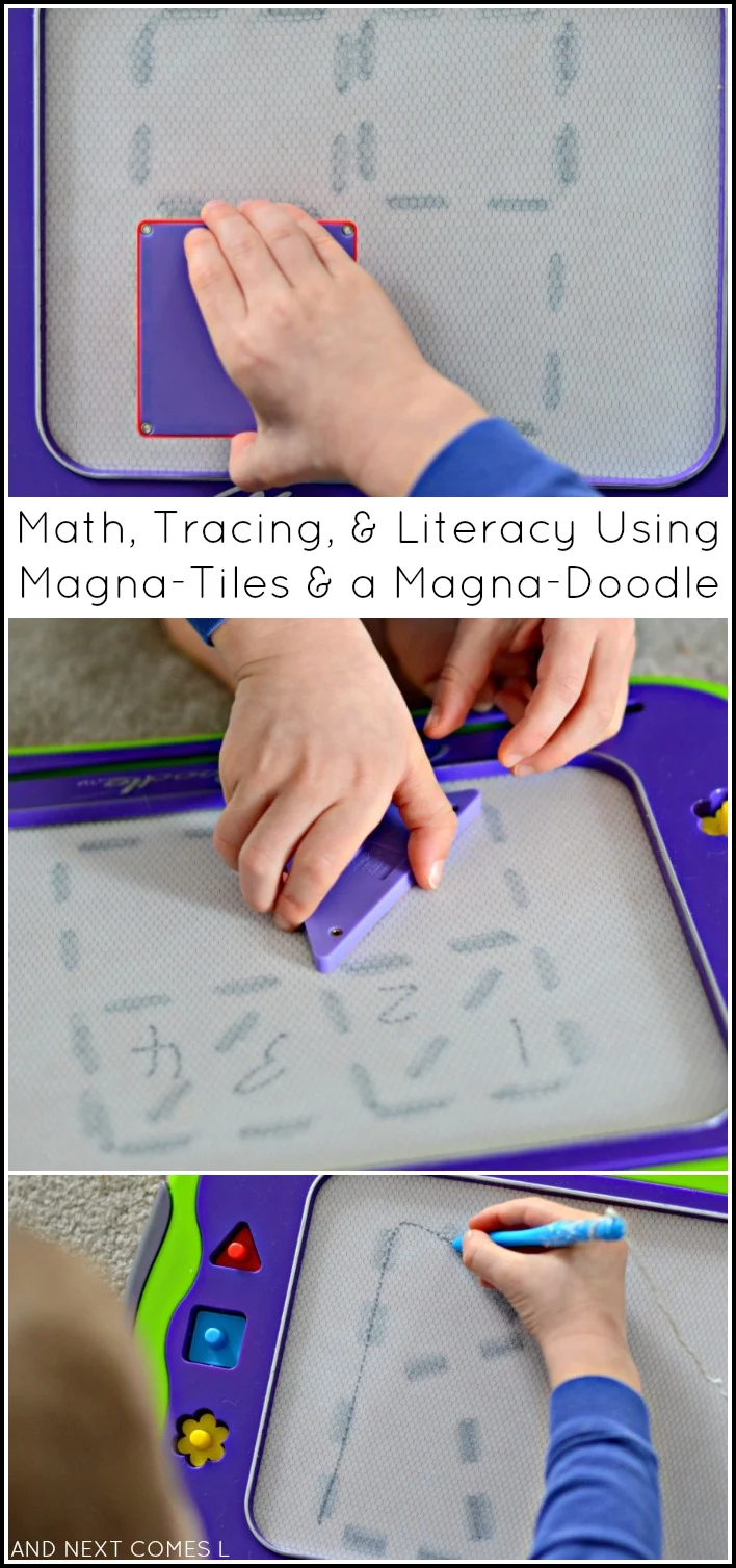 Using Magna-Tiles and a Magna-Doodle to work on shapes, math, fractions, literacy, and prewriting skills from And Next Comes L