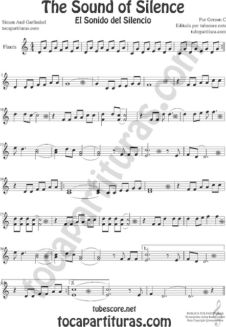  Sheet Music for Flute and Recorder (violin and oboe too) for The Sound of Silence by Simon and Garfunkel Flauta partitura