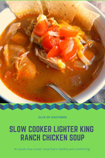 Slow Cooker Lighter King Ranch Chicken Soup:  Imagine a bowl of steaming hot and hearty soup that is filled with shredded chicken, peppers, tomatoes, and southwestern flavors that pack a huge punch! - Slice of Southern
