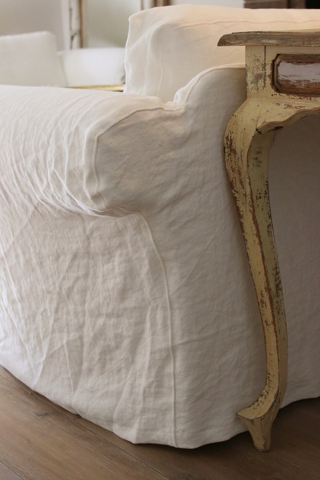 Custom Slipcovers by Shelley Topstitched White Linen Couches