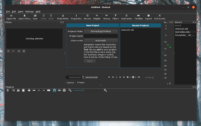 Shotcut new project screen