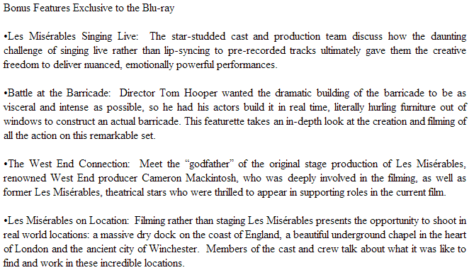 Les Miserables, 2012, Film, DVD, BD, Blu-ray, Extras, Bonus Features