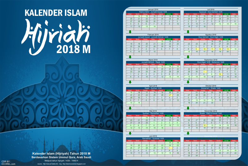 Kalender Islam Hijriah 1439 Tahun 2018 M CDR CorelDRAW 