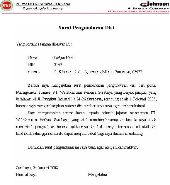 Contoh Surat Pengunduran Diri Dari Jabatan Ketua Program 