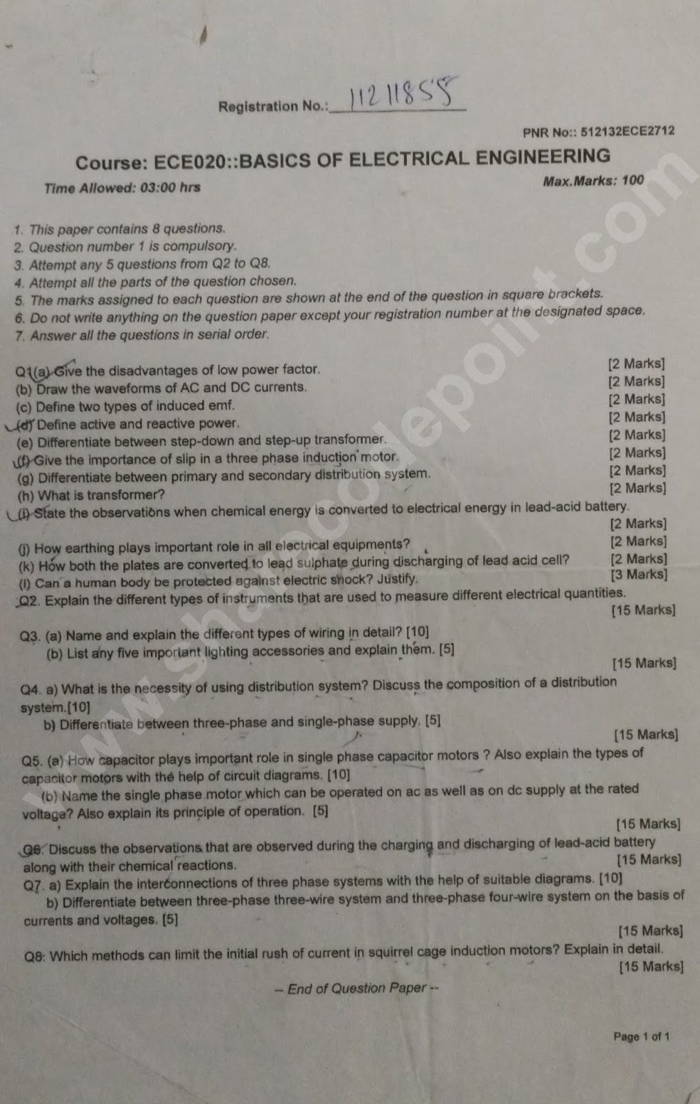 ECE020 Basic of electrical engineering end term exam question paper lpu