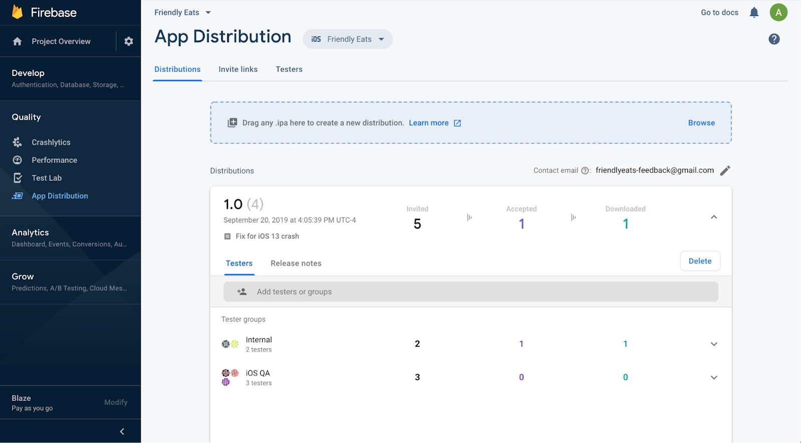 Send pre-release versions of your app to trusted testers via the Firebase console