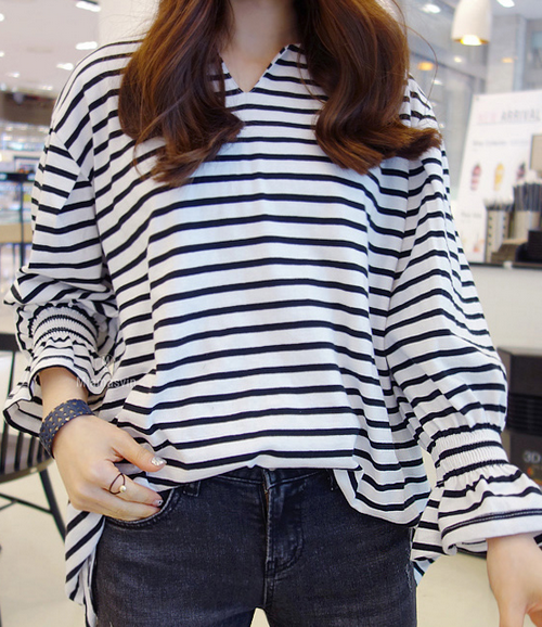 [Miamasvin] Shirred Sleeve Stripe Print T-Shirt | KSTYLICK - Latest ...