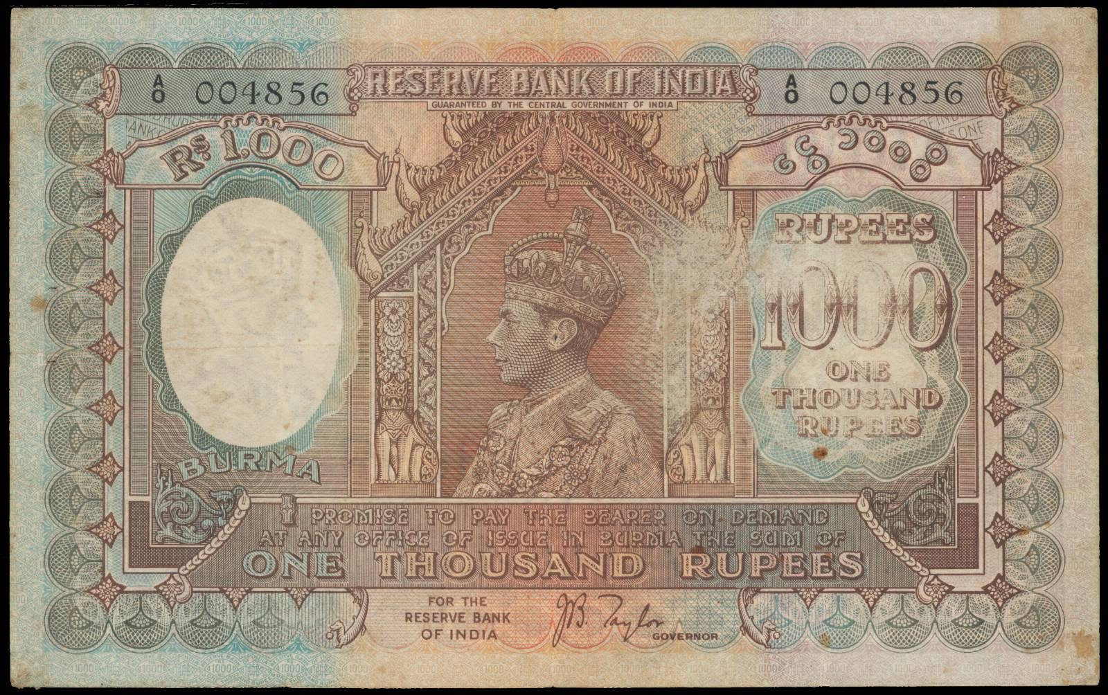 1000 rupees King George VI 1939 Reserve Bank of India banknote for Burma
