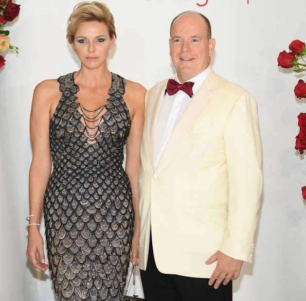 Princess Charlene wore Fish Scale Sequin v-neck gown grey at Monte Carlo Sporting Club for Gala of the Red Cross of Monaco