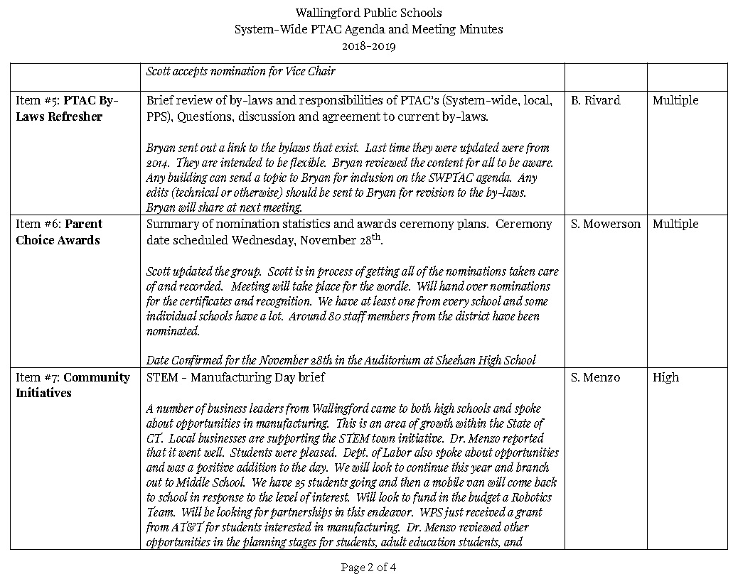 Wallingford System Wide Parent Teacher Advisory Council October 2018
