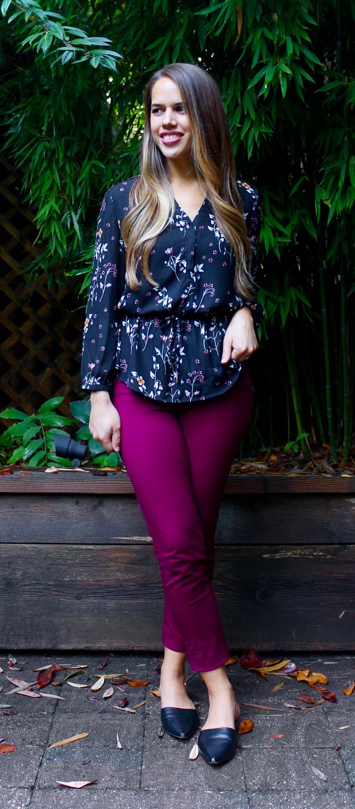 Jules in Flats - Burgundy Ankle Pants with Floral Peplum Top (Business Casual Fall Workwear on a Budget)