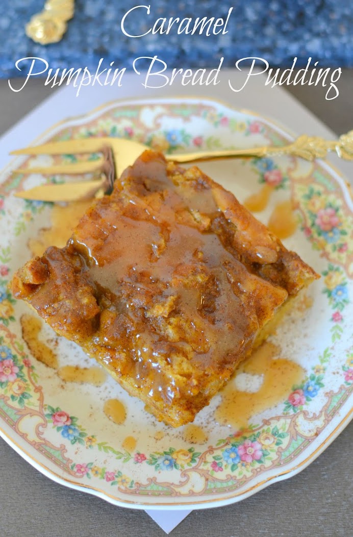 Caramel Pumpkin Bread Pudding Recipe from Hot Eats and Cool Reads! The ultimate fall dessert! This bread pudding is great for Thanksgiving, game day celebrations or any fall or holiday party! We also love it for breakfast or brunch!